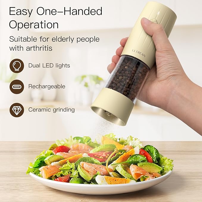 Ultrean Electric Salt and Pepper Grinder Set, Rechargeable Salt and Pepper Shakers, 6 Adjustable Coarseness, LED Light, Kitchen Gadget & Christmas Gifts, Cream