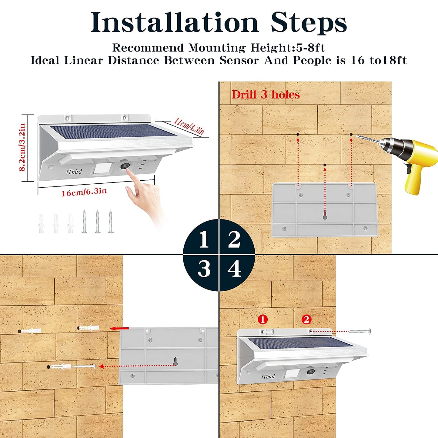 Ithird Solar Outdoor Lights - Led Motion Sensor, Stainless Steel, Waterproof, 3 Modes, Daylight, Model It-21
