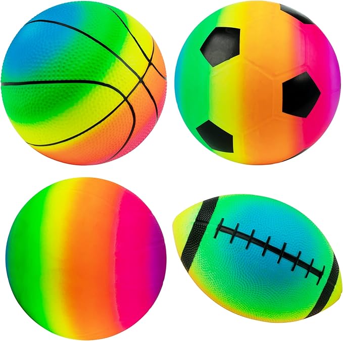 Homotte Rainbow Sports Balls Pack of 4, 1 Each of 8.5" Football, Basketball, Soccer and Volleyball for Playground, Inflata...