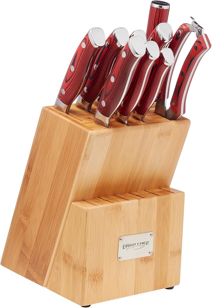 Ergo Chef CRIMSON Series Bamboo Block Knife Set Forged High Carbon X50CrMoV15 German Stainless-Steel, Full Tang, Durable G10 Handles (10pc. Block Set)