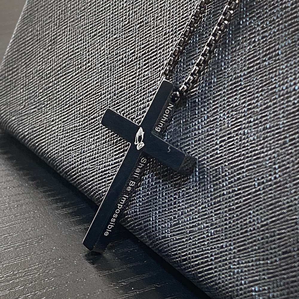 KouGeMou Black Cross Necklace Crucifix Bible Verse Jesus Cross Stainless Steel Catholic Pendant Jewelry with 23' Chain