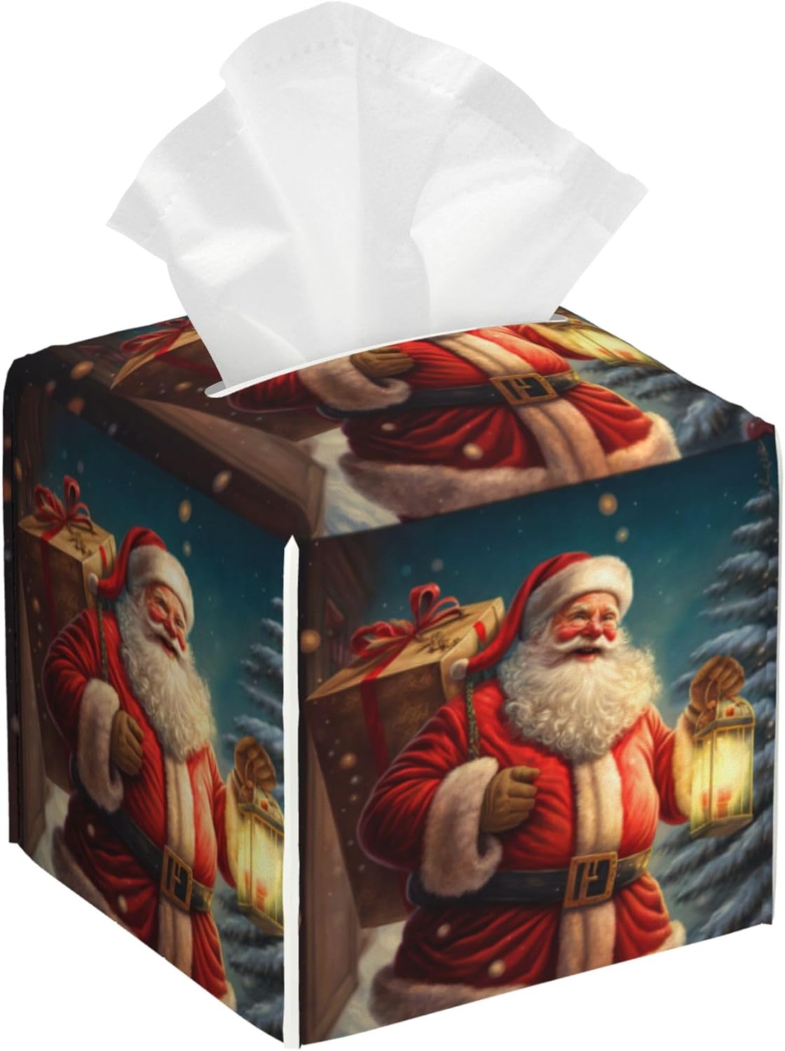 Christmas Santa Claus Tissue Box Cover Square,Merry Christmas Tissue Box Holder Waterproof Leather Facial Paper Organizer Dispenser for Bathroom Home Car Nightstand Vanity Desk