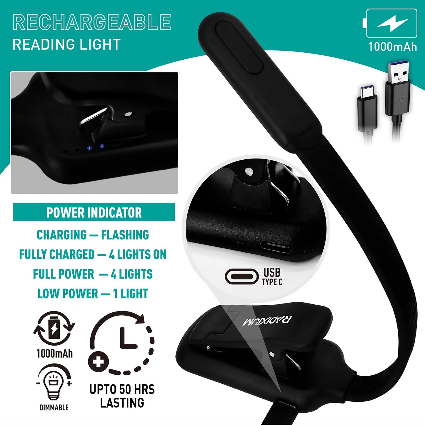 Radixium Rechargeable Book Light For Reading - 9Led Eye-Caring Clip Light W/ 9 Color Temp  Stepless Dimming  50H Battery  Usb-C  Ultra Slim - Gift For Book Lovers (Black)