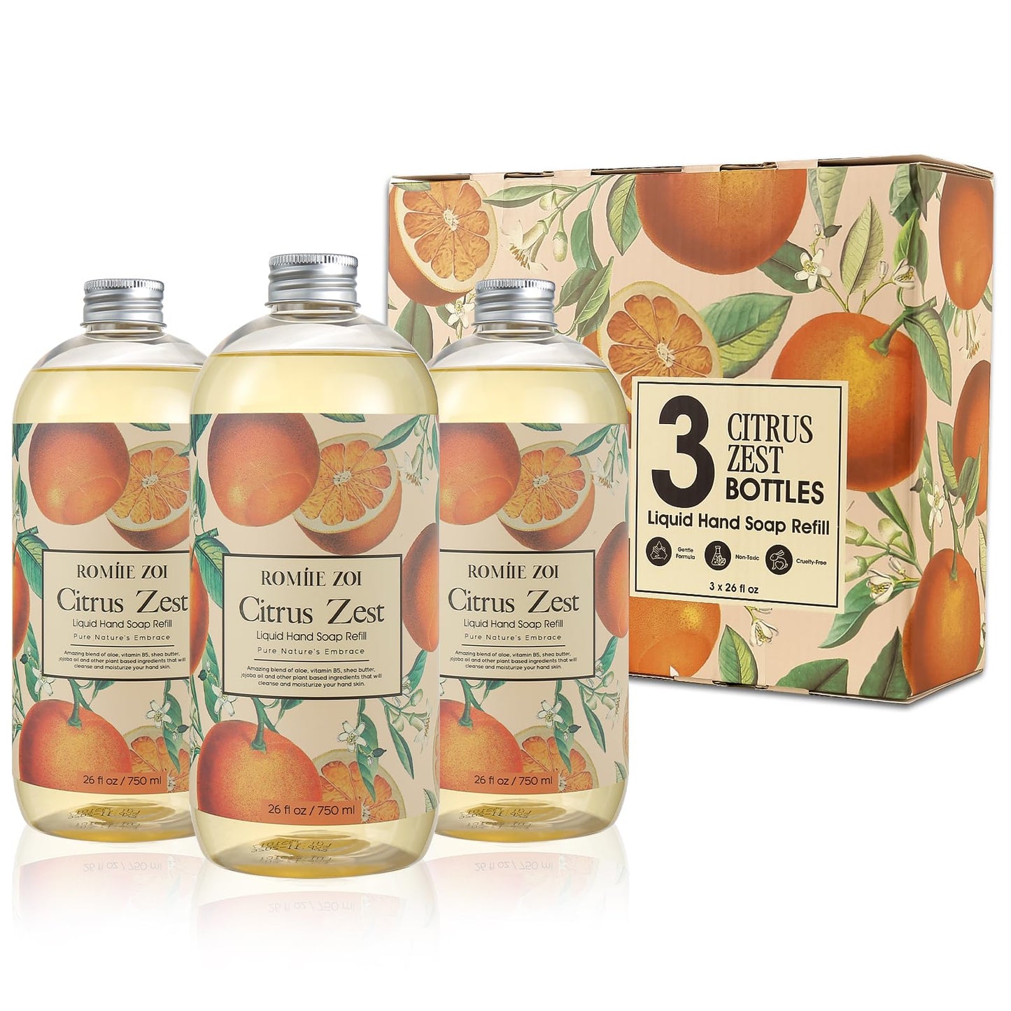 ROMIIE ZOI Liquid Hand Soap Refill Gift Set - 3 Pack (26 Fl Oz Each), Citrus Zest Scent - Moisturizing, Biodegradable & Cruelty-