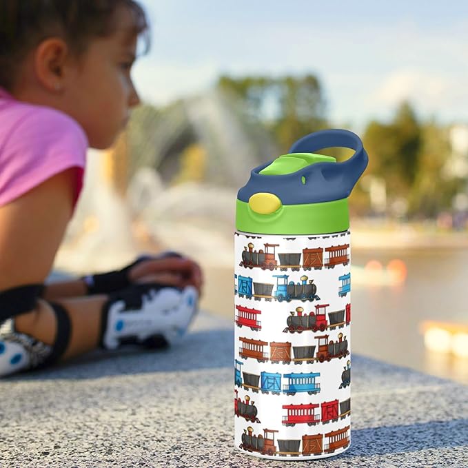 Colorful Truck Trains Railroad Kids Water Bottle with Straw Insulated Stainless Steel BPA-Free Sport Bottles for Boys Girls Toddlers 12 oz Green Lid