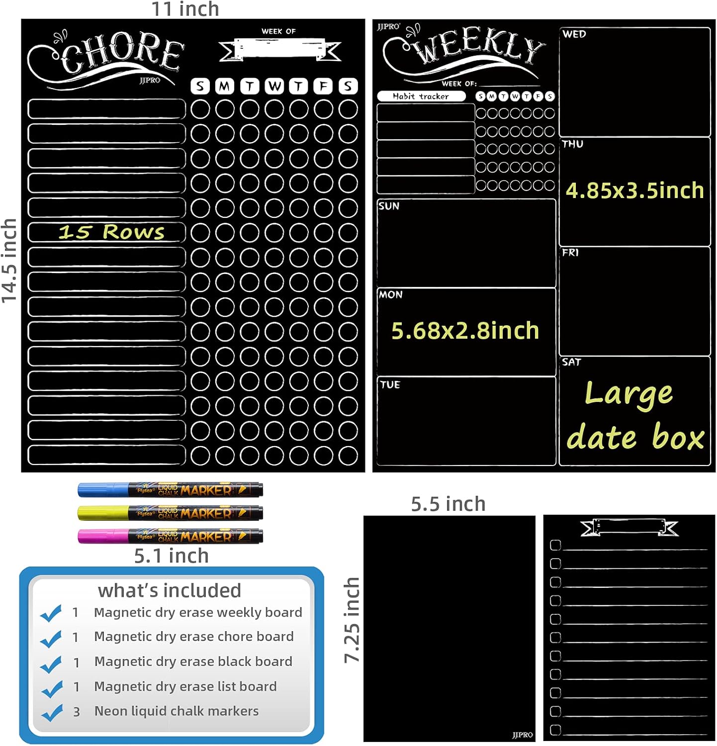 Magnetic Chalkboard Weekly Planner - Reward Chore Chart Blackboard Combo Set with Neon Bright Liquid Chalk Markers - Bonus Grocery List and Notepad Blackboard for Refrigerator Included