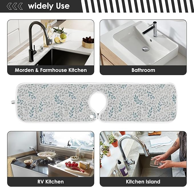 Kitchen Faucet Absorbent Mat,Green Gray Leaf Water Splash Guard for Sink, Faucet Drip Catcher Thicken Sponge Microfiber Faucet Water Catcher Mat Sink Absorbent Mat for Kitchen 14x5in 2 Pack