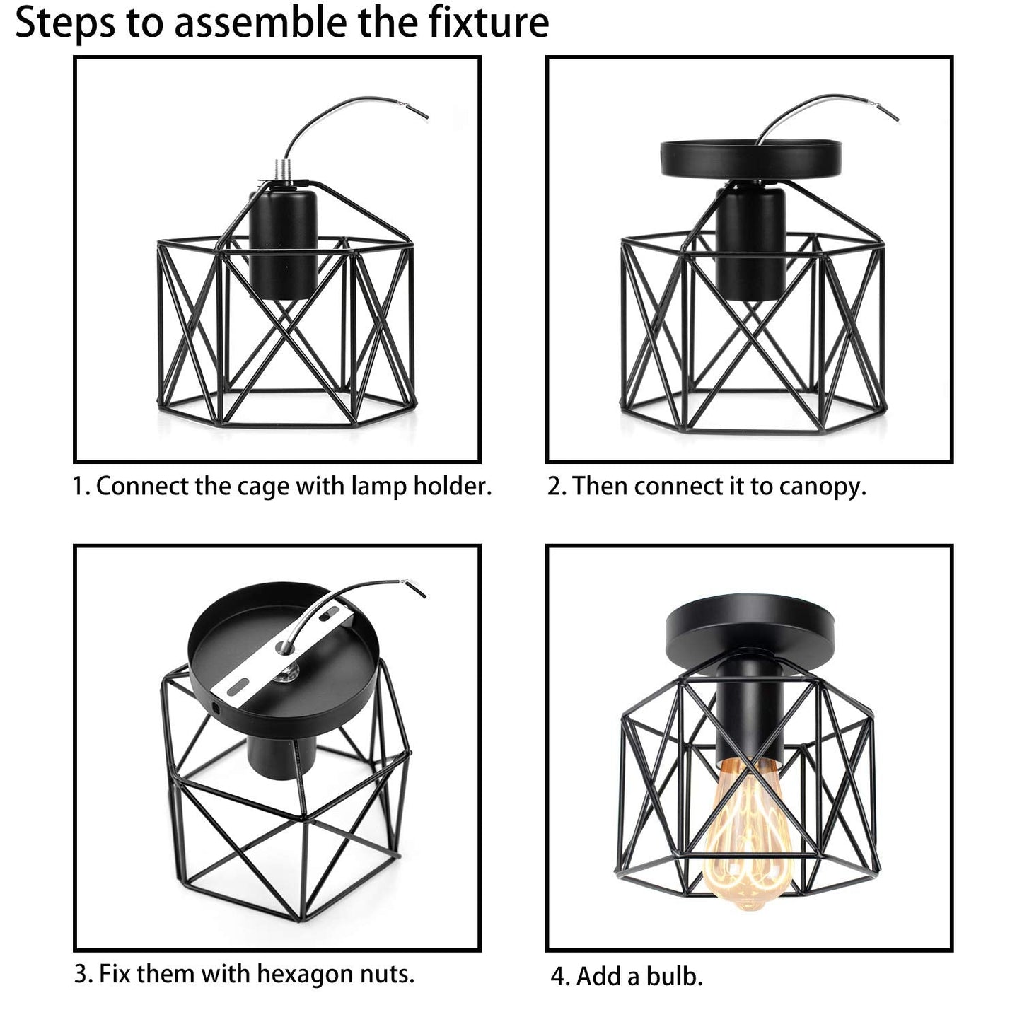 Hedume Semi-Flush Mount Ceiling Light, Black Industrial Pendant Fixture, E27, for Hallway, Stairway, Bedroom, Kitchen