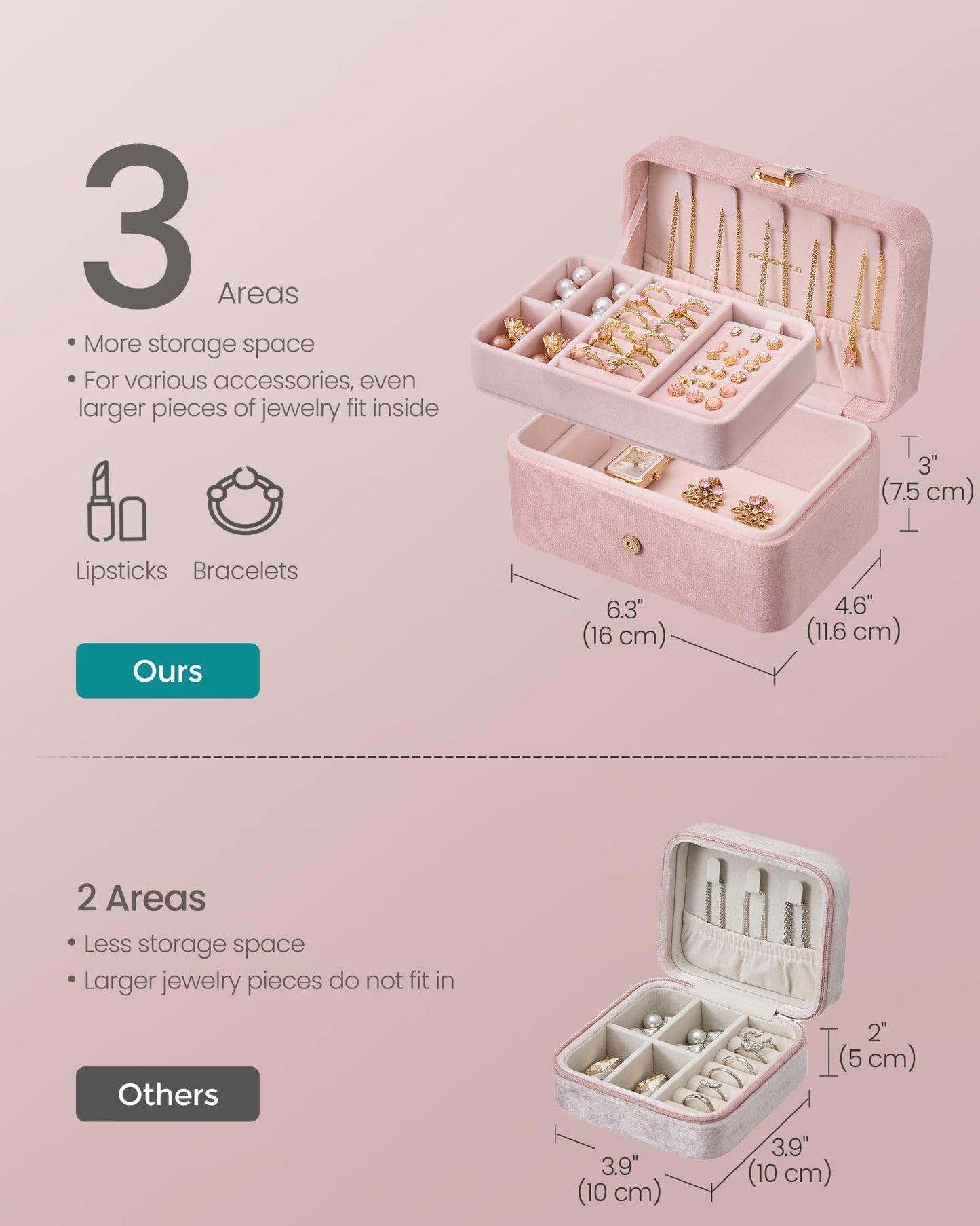 SONGMICS Jewelry Box, Travel Jewelry Case, 2-Layer Jewelry Holder Organizer, 4.6 x 6.3 x 3 Inches, Jelly Pink UJBC166R02
