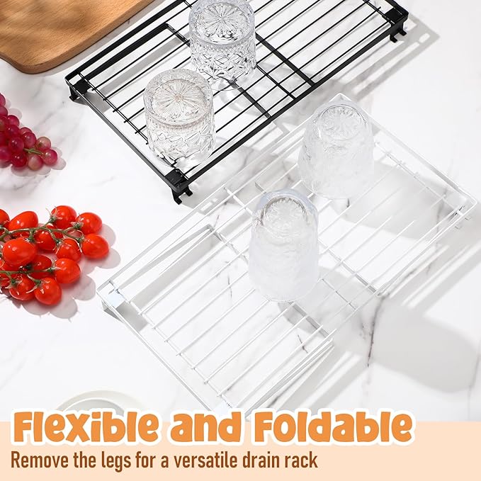 4 Pack Stackable Metal Kitchen Storage Shelf Foldable Racks, Pantry Shelf Cabinet Organizers, Expandable Storage Rack for Cabinet Fridge Bathroom (15 x 8.5 x 6.6, White, Black)