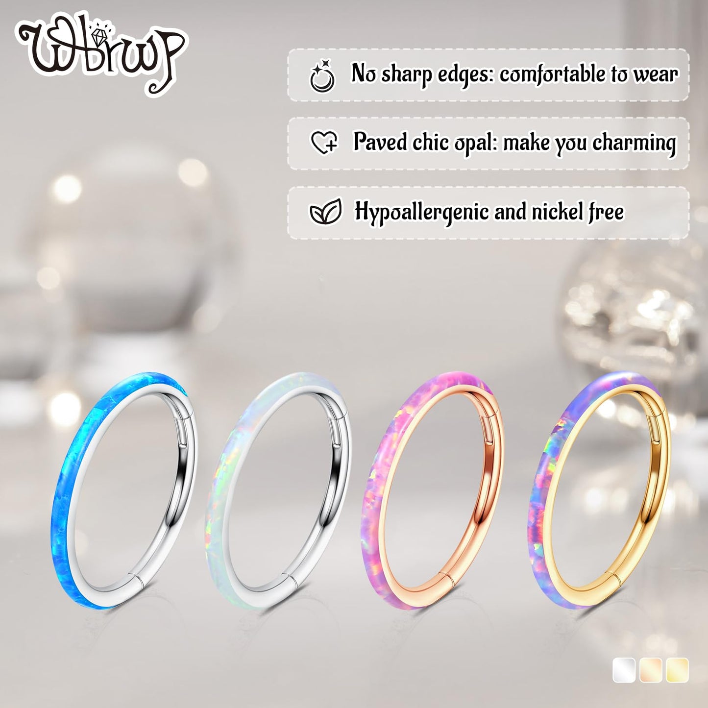 WBRWP 316L Surgical-Steel Hinged Nose Rings Hoop with White Opal 20G(0.8mm) Unisex Septum Clicker Helix Cartilage Body Piercing
