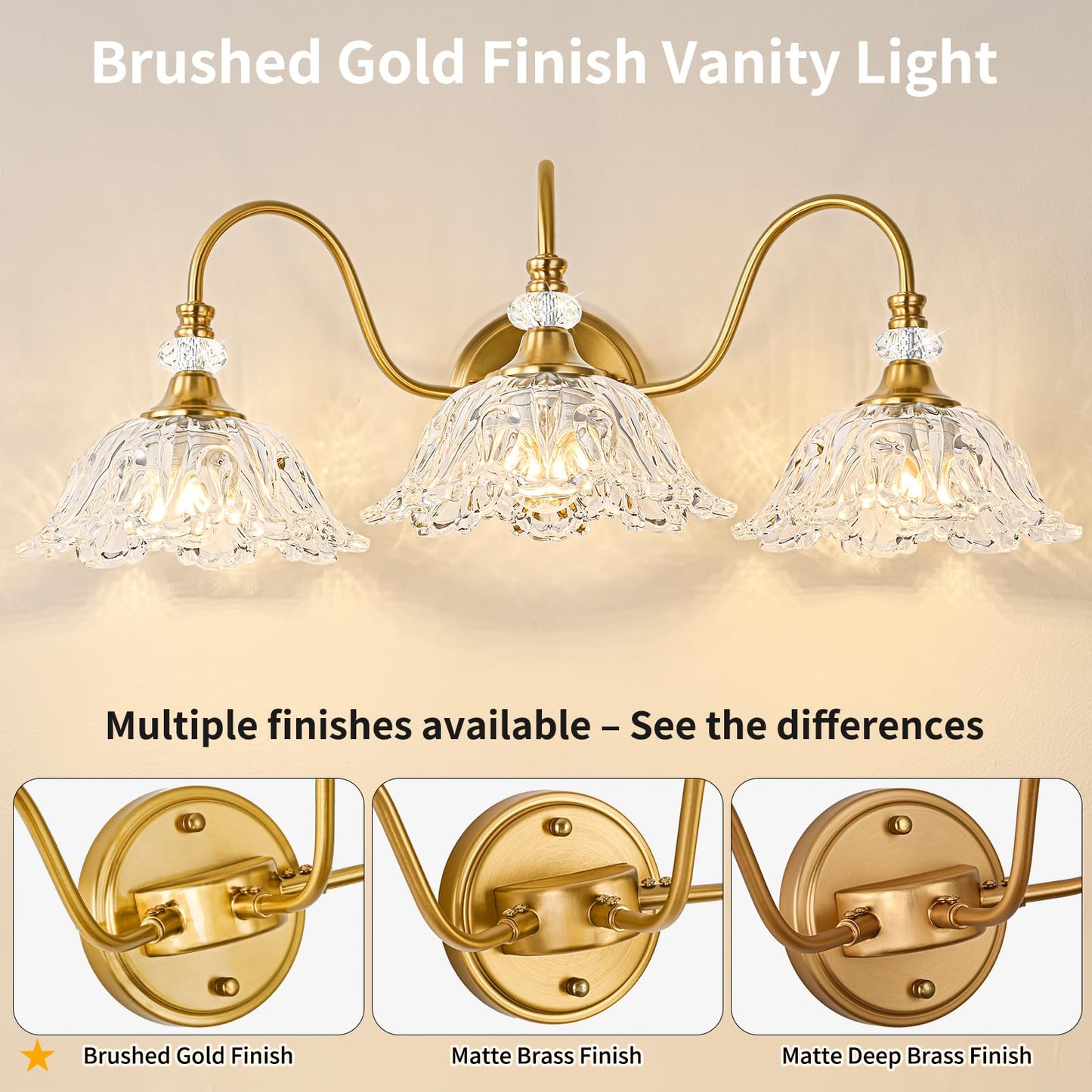 Sunkryster Gold Bathroom Vanity Light  3-Light Brushed Gold Finish Vanity Light With Floral Clear Glass Shades  Retro Wall Mount Lighting For Bathroom  Dressing Table