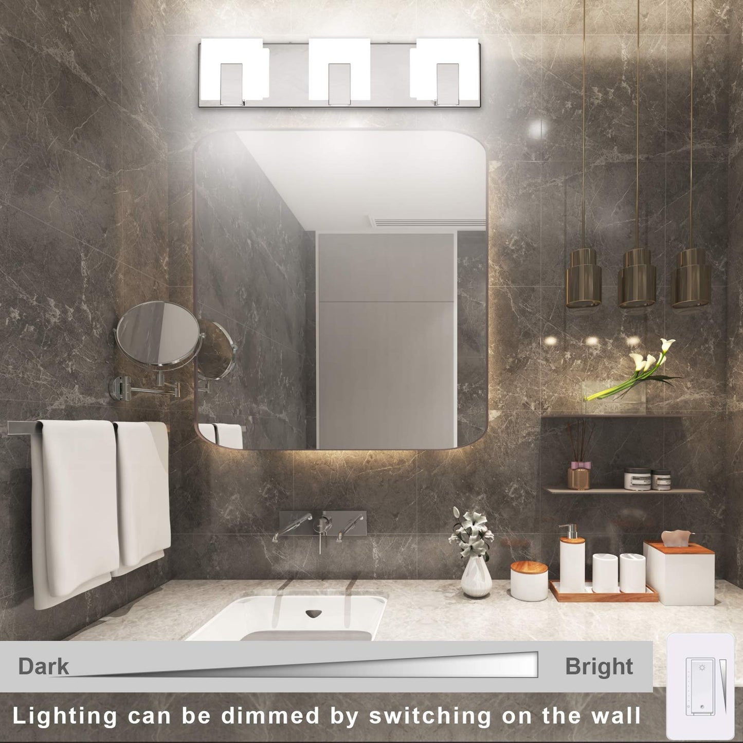 Aipsun 3-Light Dimmable Led Vanity Light, Frosted White Acrylic & Chrome, Model Ca-1105-3T-D, 6000K For Bathroom Over Mirror