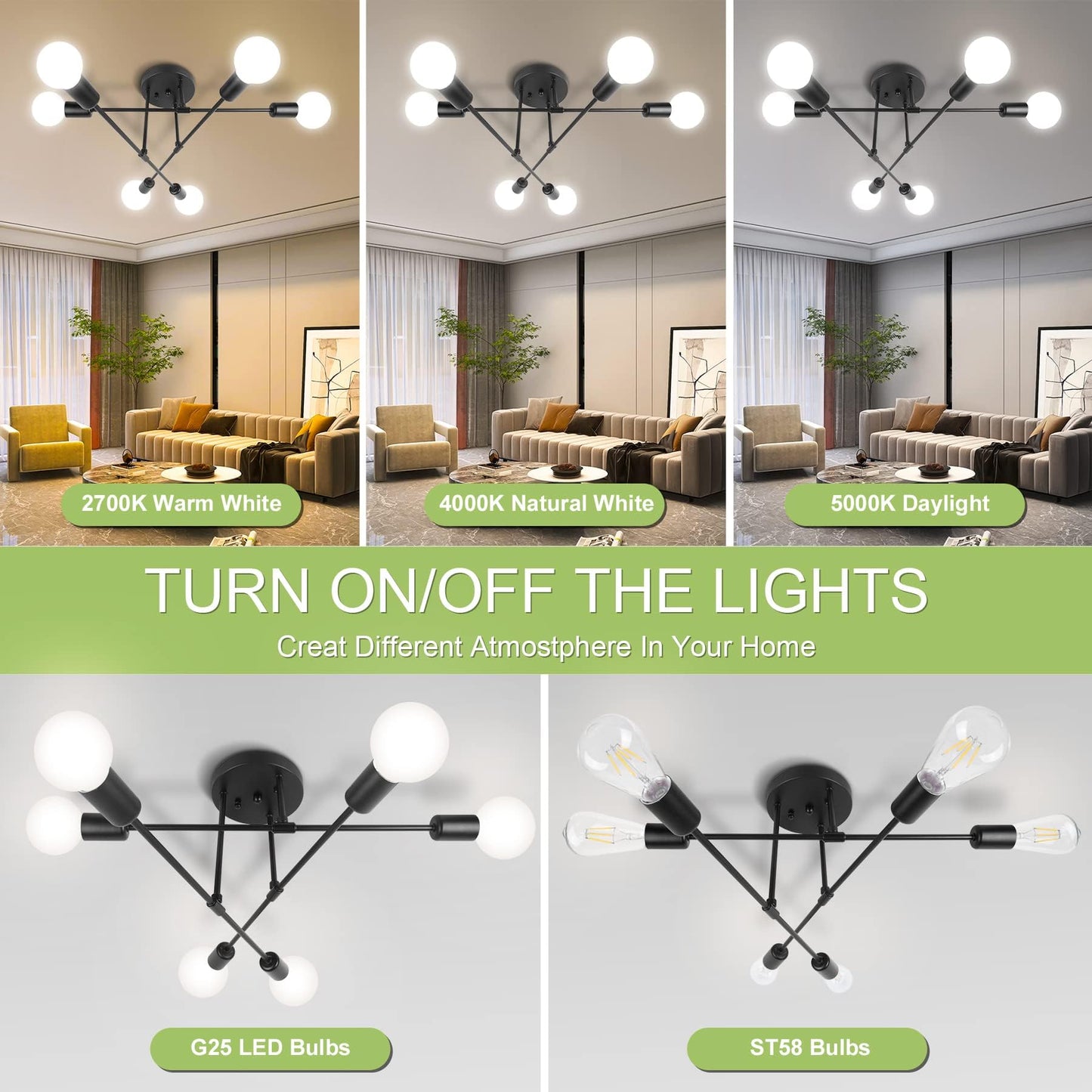 CANMEIJIA Modern Sputnik Chandelier 6-Light Ceiling Fixture A-6-Light Black CMJ-6L-B-01