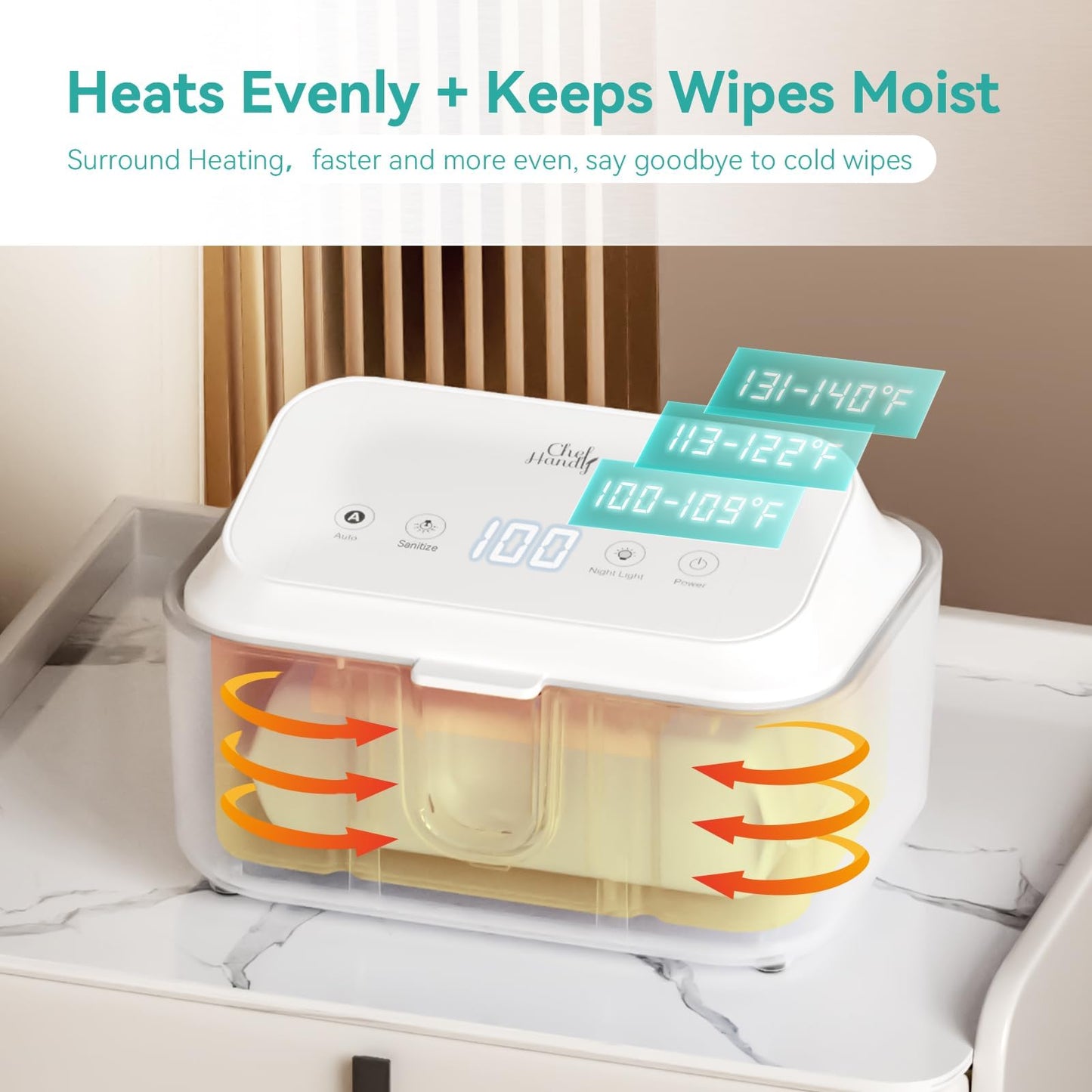 Chefhandy Wipe Warmer with UV Sanitizer for Babies & Adults, Adjustable Temperature, Quiet Heating, Night Light, Large Warm Wipe Holder (White)