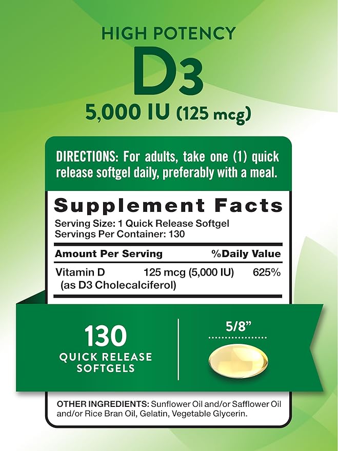 Nature's Truth Vitamin D3 5000 IU Softgels | 130 Count | High Potency | Non-GMO & Gluten Free Supplement