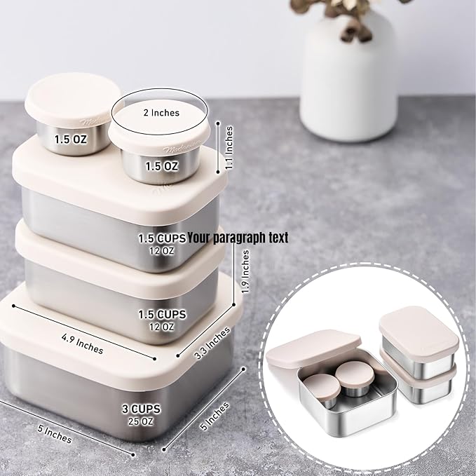 Flexibento - Leak proof Stainless Steel Lunch Box | Sandwich, Snack Pack Lunch Containers with Silicone Lids | Steel Bento Box |Metal lunch Box|1*25 OZ+ 2*13 OZ + 2 *2 OZ| Set Of 5 |Vanilla