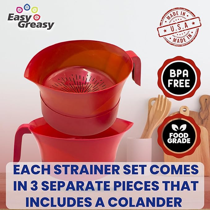 3-Piece Colander Grease Strainer Set – 2-Pack Red and Blue Grease Separator with Handle, Container & Lid – Strains Bacon, Pasta, Ground Beef – BPA-Free Kitchen Gadget