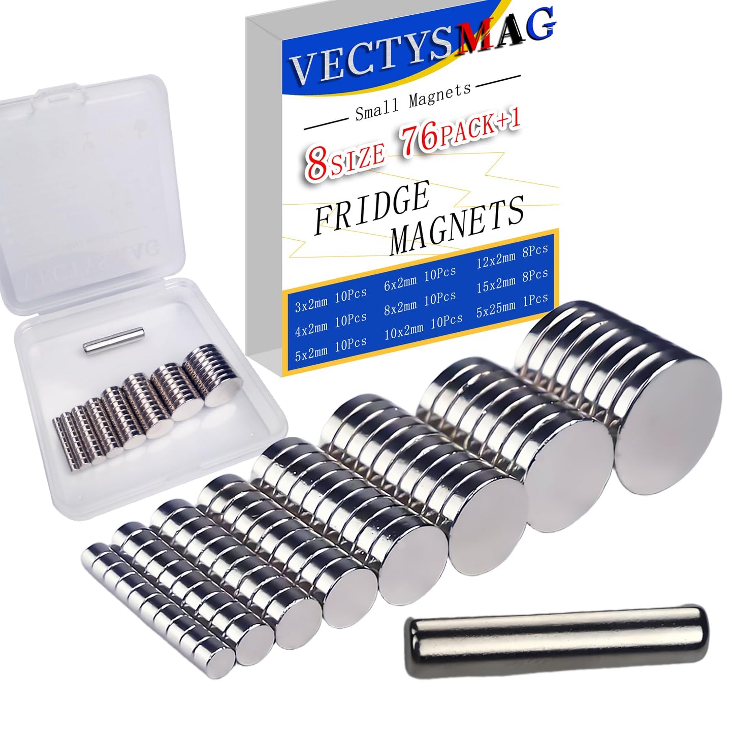 VECTYSMAG 76 Pack, 8 Sizes, with 1 Pickup, Mini Magnets for Crafts, Round Strong Neodymium Magnets for Fridge, White Board, DIY, Office