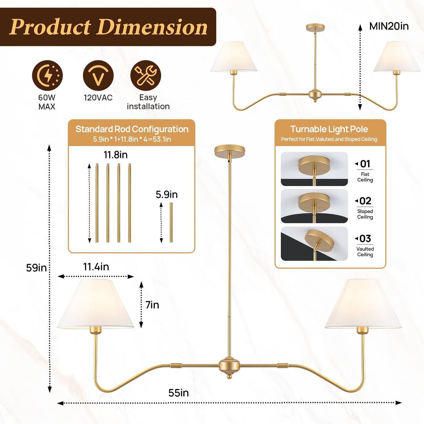 Jsdorsy 2-Light Gold Modern Linear Chandelier  55 Inch Farmhouse Kitchen Island Lighting With White Fabric Shades  Dining Room Light Fixtures For Living Room Bedroom  Height Adjustable