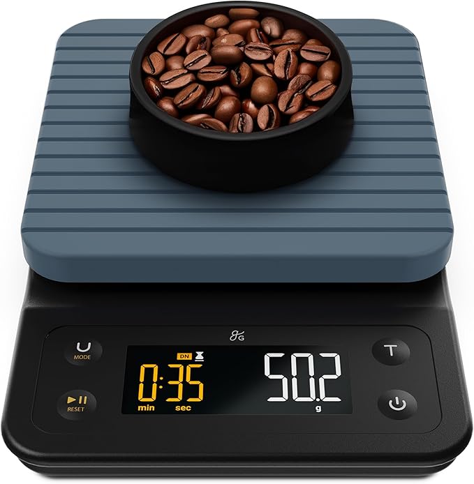 Greater Goods Digital Coffee Scale with Timer – Accurate 0.1g Precision, Multi-Color Display, Waterproof & Heat-Resistant Cover, for Pour-Over, Espresso, French Press, and Kitchen Use (Stone Blue)