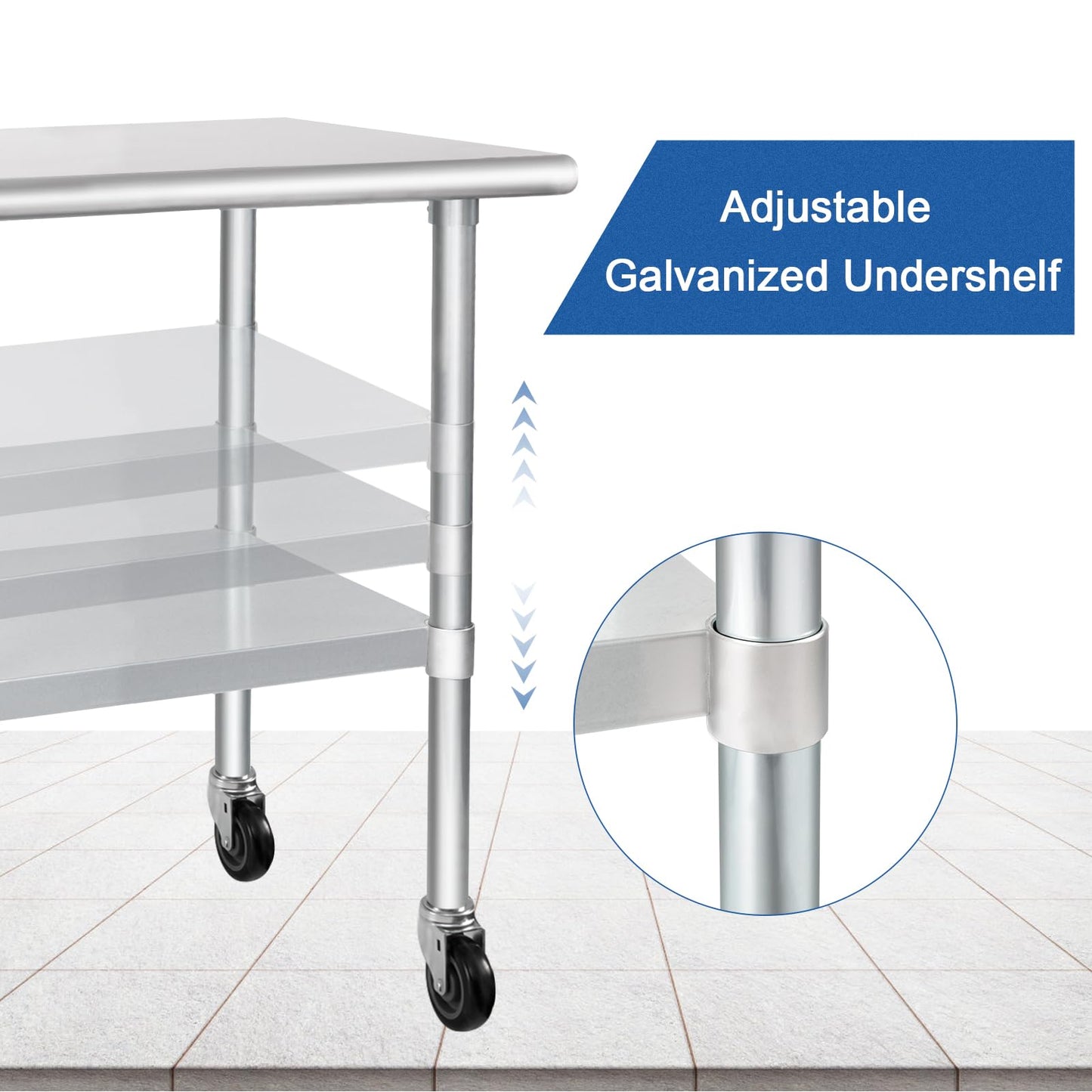 HARDURA Stainless Steel Table with Wheels 30 x 36 Inches Casters NSF Heavy Duty Commercial Prep Table with Undershelf and Galvanized Legs for Food Prep