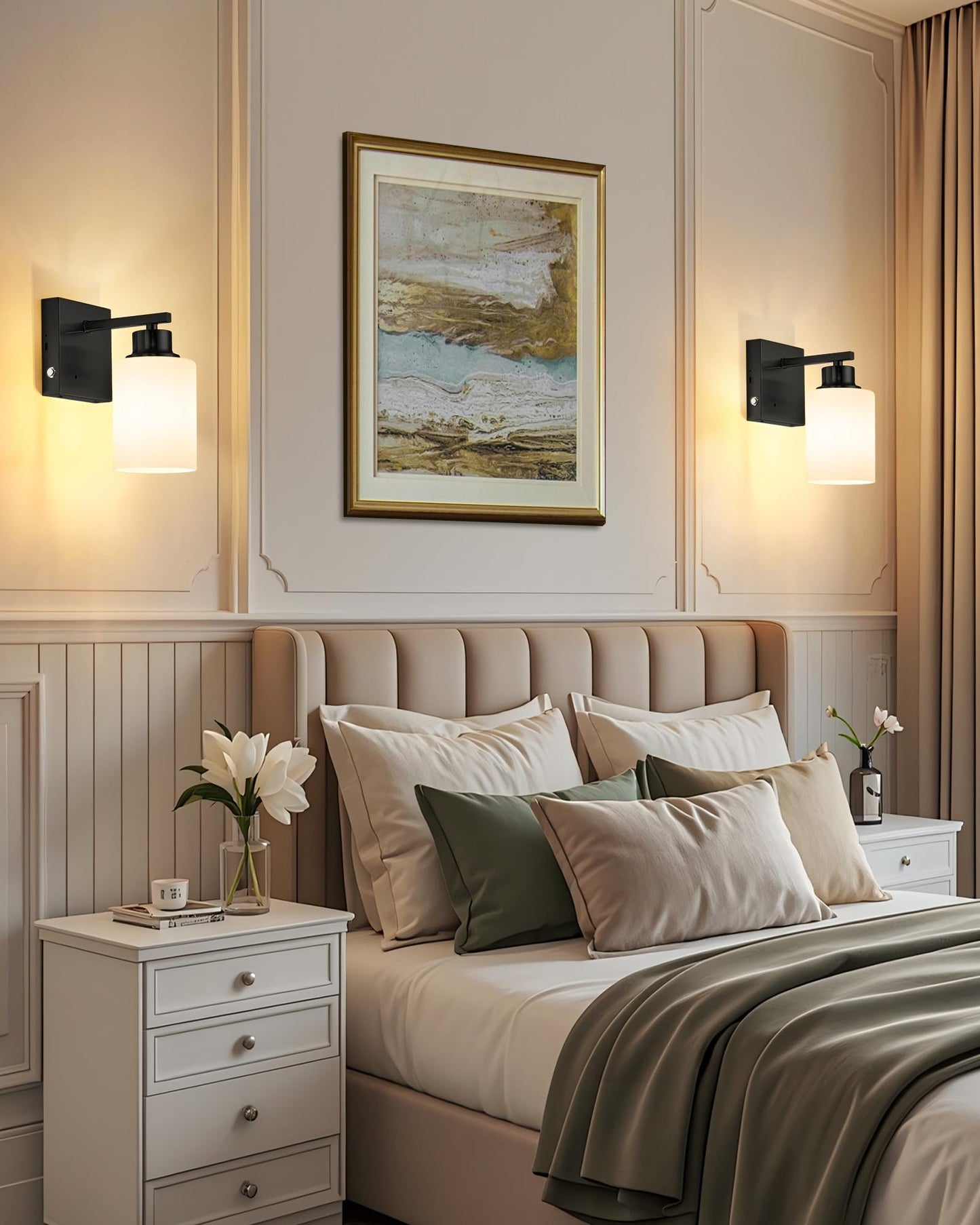 Rayogale Wireless Rechargeable Battery Wall Sconce Set of Two, Dimmable, Touch Control, USB-C Charging, Black with White Lampshade, Model WL-7112