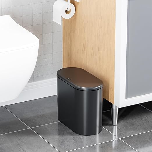 Yieach 12L Black Slim Bathroom Trash Can With Lid 3.17 Gallon,Skinny Small Kitchen Garbage Can and Pet/Dog Proof Trashcans for Office,RV,Bedroom and Dorm,Plastic Covered Trash Can and Wastebasket,1PCS