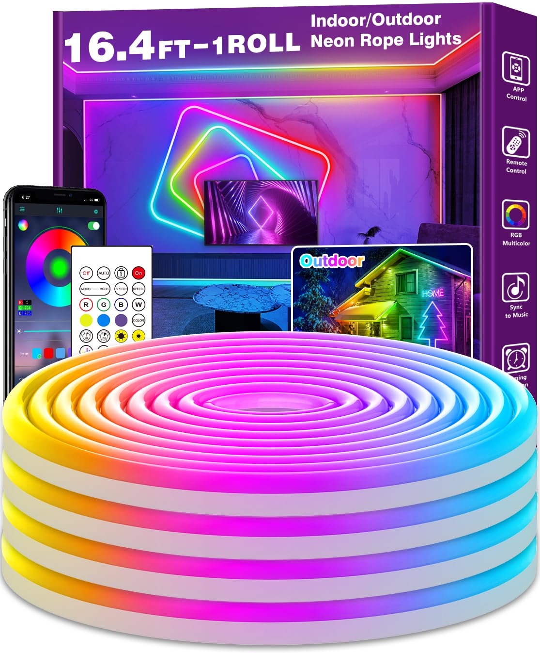 AILBTON Neon Rope Lights, 16.4FT Flexible LED with App/Remote, RGB Color, Music Sync, for Bedroom and Outdoor Use