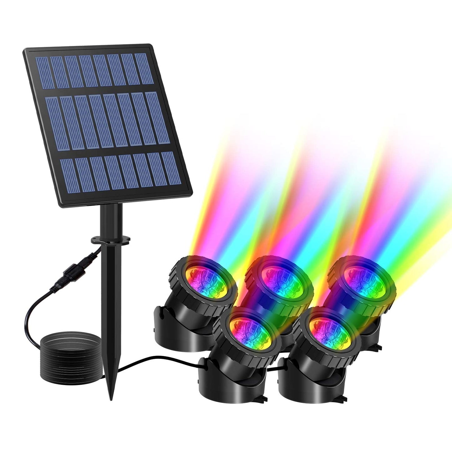 T-SUN Solar Pond Lights, 5 Head RGB LED Spotlights, Adjustable Angle, Submersible for Fountain, Pond, Pool Decoration, 5-Head-Lamp