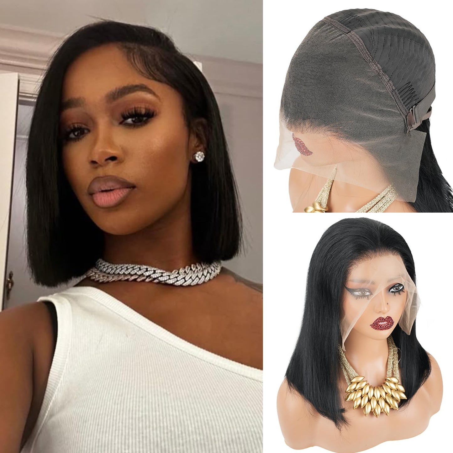 Mihugass Bob Wig Human Hair 10 Inch 13x6 Frontal Lace Wig #1 Jet Black Straight Bob Lace Front Wigs Human Hair Pre Plucked With