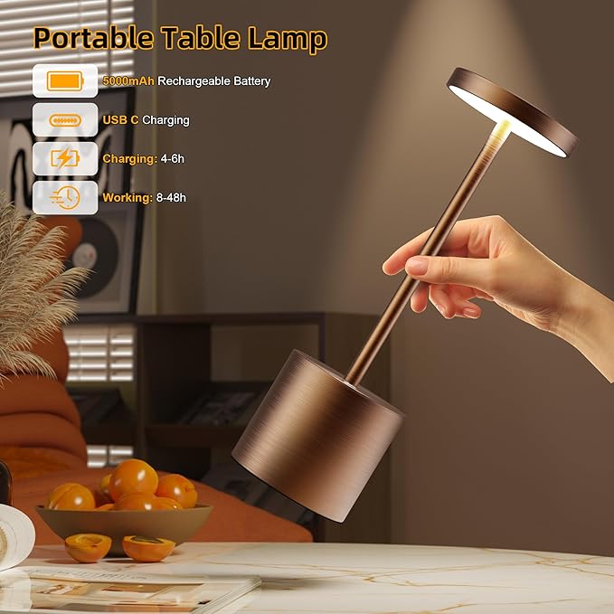 Cordless Table Lamps Rechargeable - Outdoor Waterproof LED Table Light Portable 5000mAh Battery Operated Lamp 3 Color Stepless Dimming with Memory Function for Restaurant Dining Patio (Moka)
