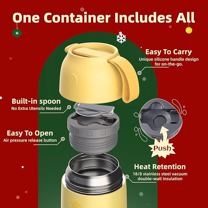 Thermo for Hot Food for Adults Kids | Wide Mouth, 26 oz Insulated Food Jar with Spoon, Leakproof Soup Thermo for School Office Travel, Thermal Steel Lunch Container Easy to Carry (Yellow)