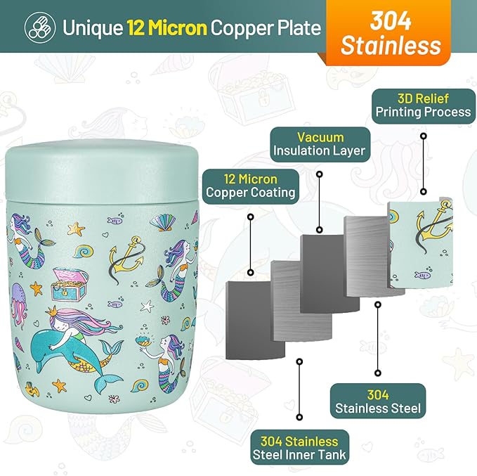 Charcy 9oz Stainless Steel Vacuum Insulated Kids Food Jar - Soup Thermo for Hot & Cold Food - Blue Mermaid