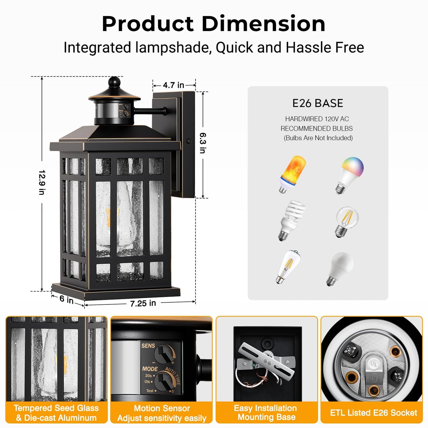 Opaxis Motion Sensor Outdoor Lights  Black Dusk To Dawn Outdoor Lighting With Tempered Glass  Aluminum Waterproof Anti-Rust Outside Wall Light Fixtures  Adjustable Sensitivity & Brightness  Hardwired