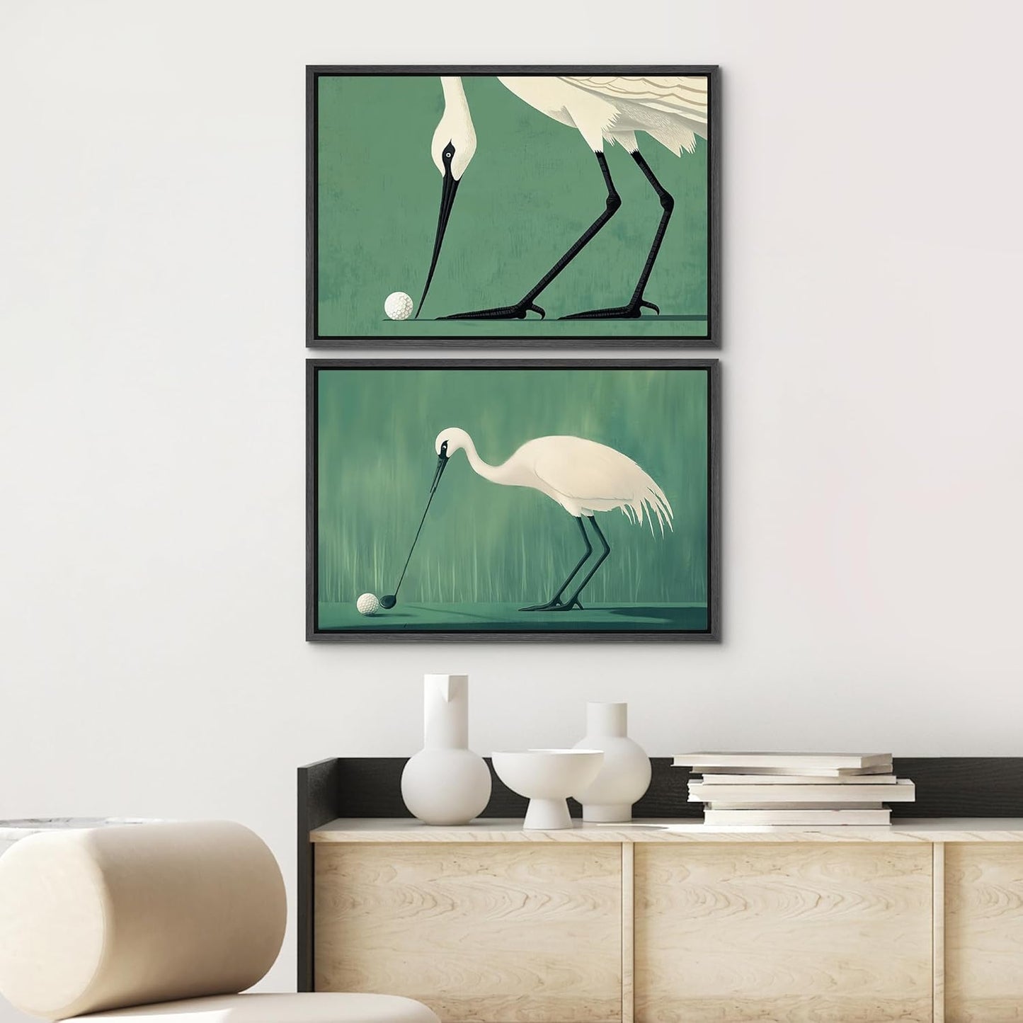 SIGNWIN Framed Canvas Print Wall Art Set Funny Crane Playing Golf Whimsical Bird Illustrations Modern Art Rustic Minimal for Living Room, Bedroom, Office - 16"x24"x2 Black