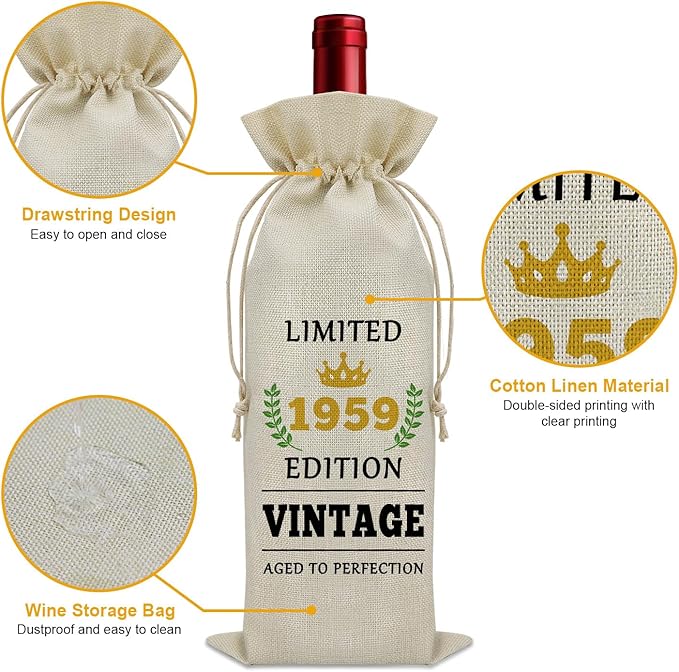 Sazuwu 65 Year Old Gifts Vintage 1959 Wine Bag 65th Birthday Gifts for Women Men Gifts for Someone Turning 65 Wine Bottle Decoration Bag Born in 1959 Gifts Wine Accessories Gifts for Wine Lovers