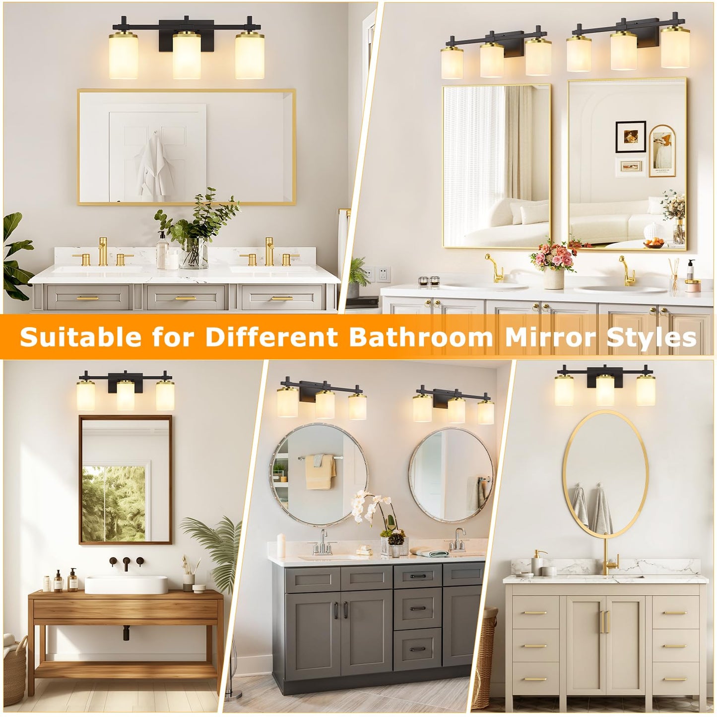 Spiglamm 3-Lights Black and Gold Bathroom Lighting Fixtures Over Mirror, Anti-Rust Vanity Wall Lights for Bathroom with Milky White Frosted Glass Shades, Modern Bath Wall Lamp for Living Room Bedroom
