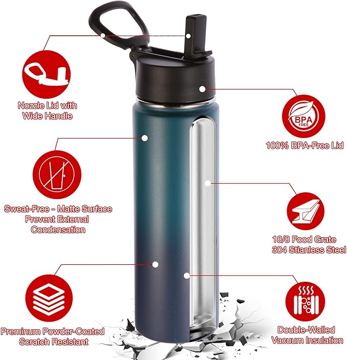 Volhoply 24oz Insulated Water Bottle With Straw Bulk 6 Pack,Metal Wide Mouth Water Bottles With Handle Keep Cold,Reusable Double Wall Thermos,Powder Coated Sport Bottle For Holder(Assorted,6 Count)