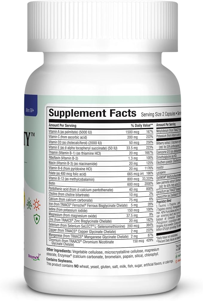 Maxi Health Longevity - Multivitamins & Minerals Supplement for Men Over 50-60 Capsules - Kosher (LM)