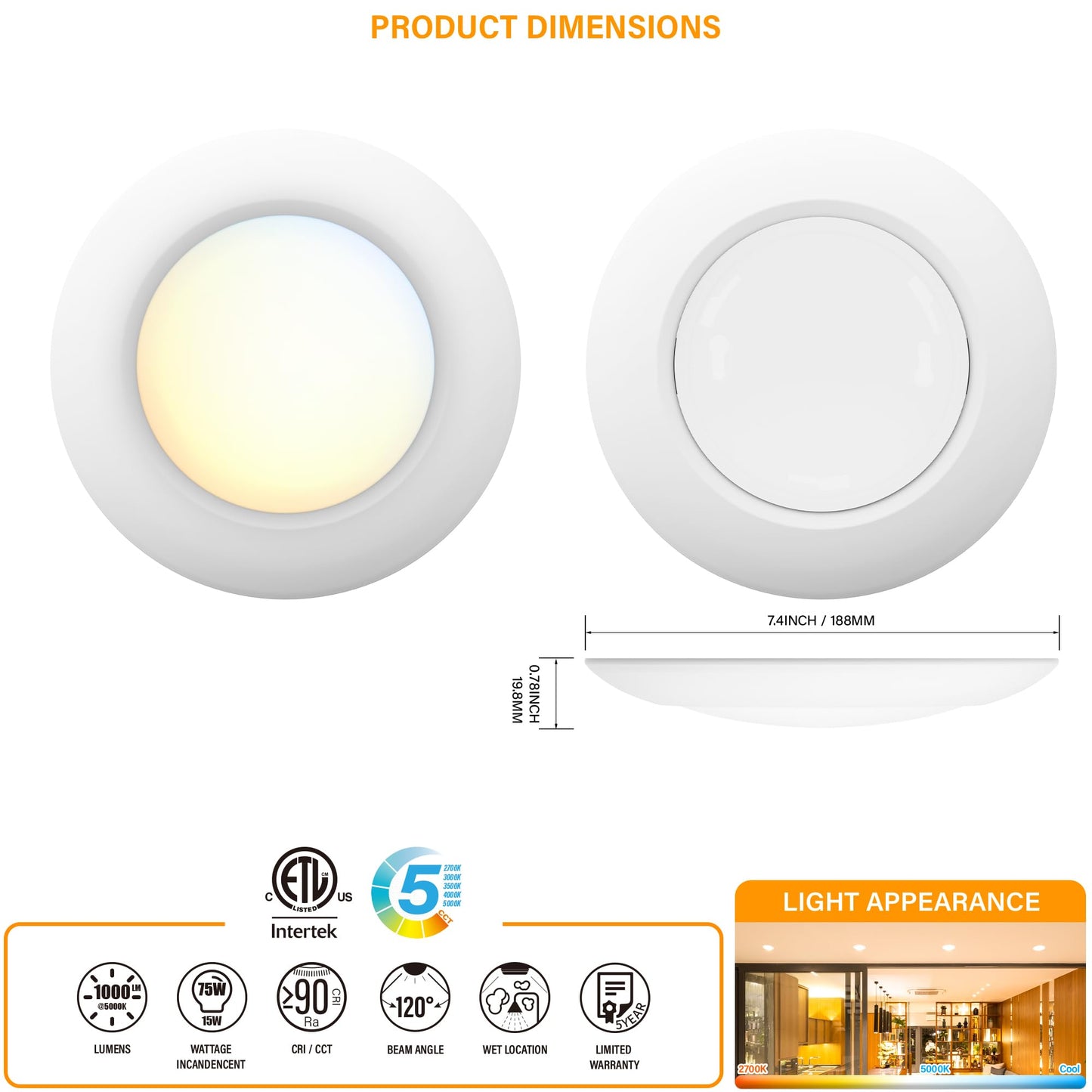 Jullison 6 Inch Led Low Profile Disk Light With Dust To Dawn Sensor  120Vac  15W  5Cct Color Changing  1000Lm  Non-Dimmable  Etl  Shower Rated Screw In Photocell Ceiling Light  White/8 Packs