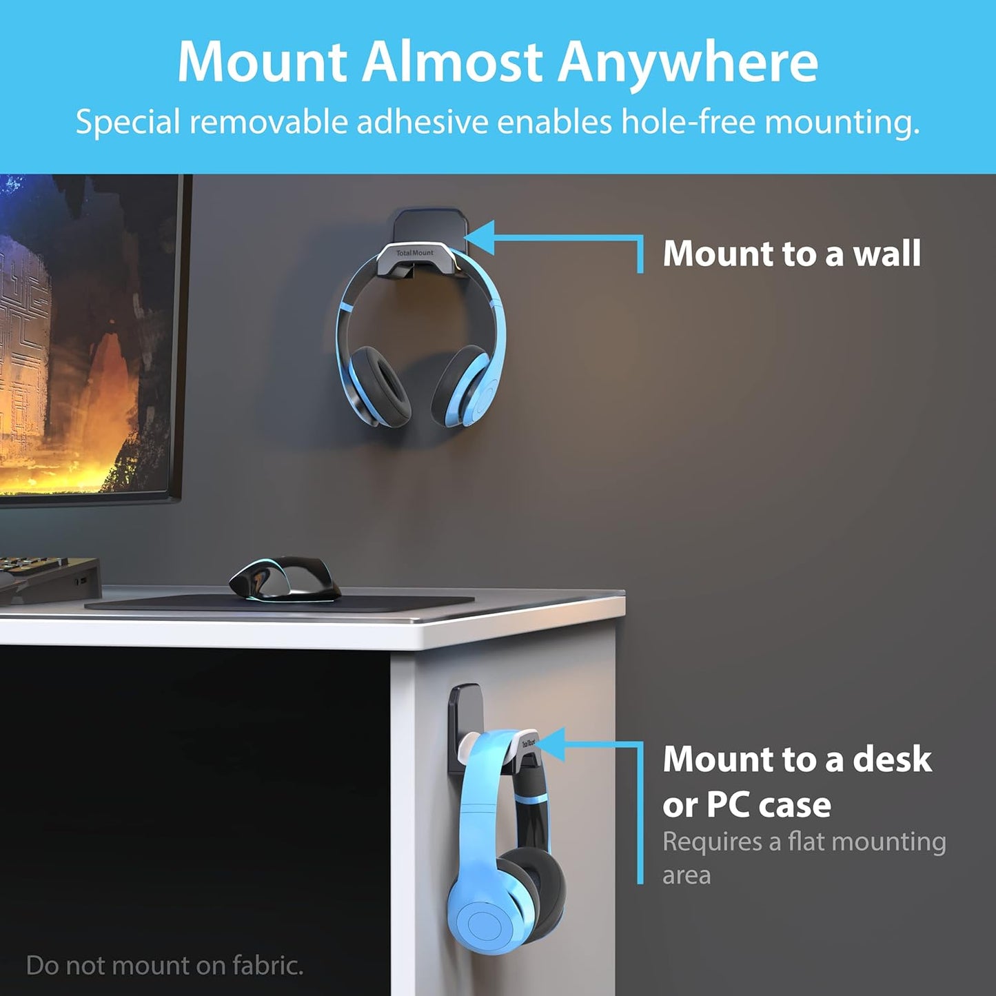 TotalMount Gaming Headset Hangers – Include Removable Adhesive Strips for Easy, Damage-Free Wall, Desk, or PC Mounting (Black Headphone Hooks with Premium Silicone Cradles – Two Pack)