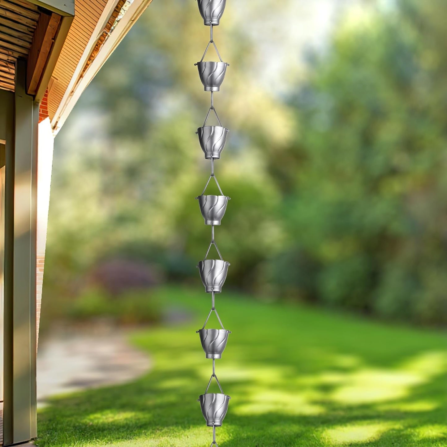 Monarch Rain Chains Aluminum Akira Rain Chain, 8.5 ft Pewter Powder Coated Aluminum Decorative Rain Catcher Chain for Gutters, Pewter Aluminum Rain Gutter Replacement Downspout