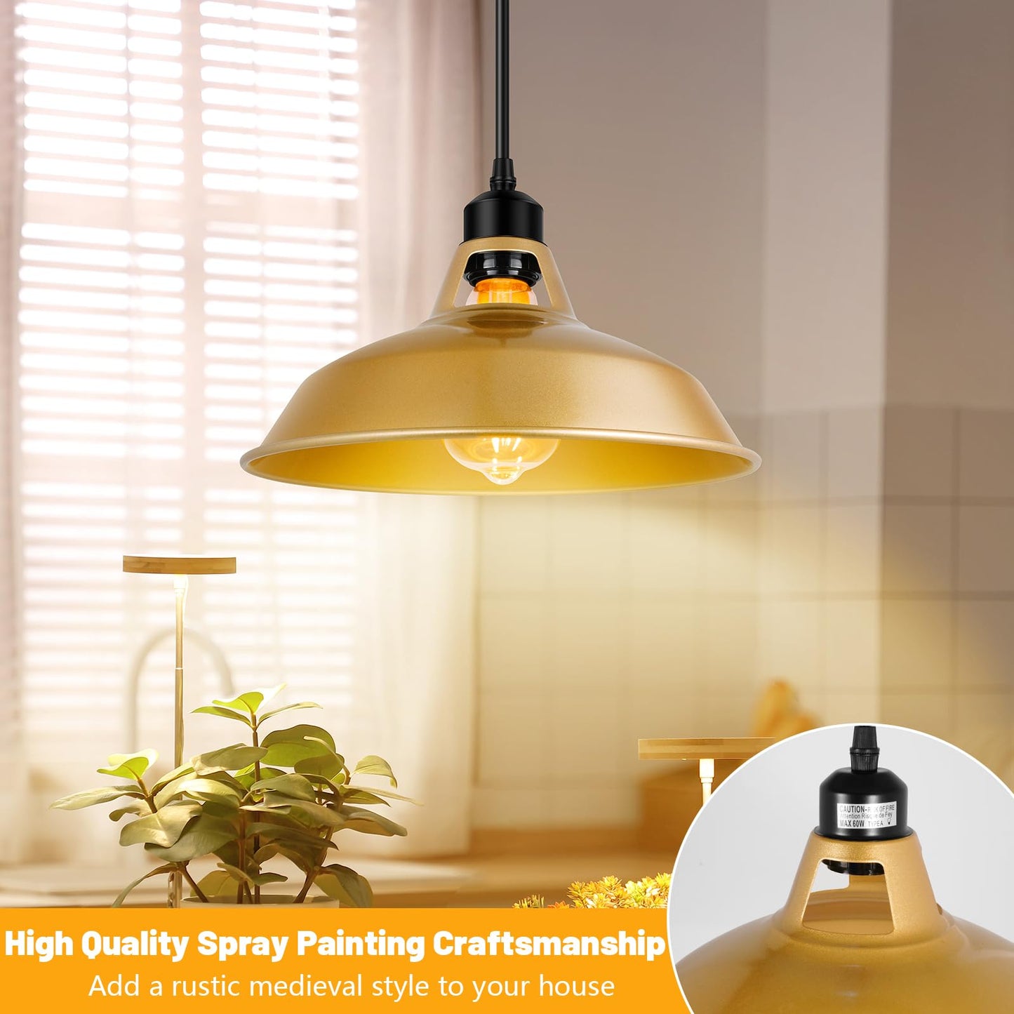 Lomoky Gold Pendant Light, Mid Century Plug-in Ceiling Lamp, 14.76ft Cord, Adjustable Pulley, 2 Pack