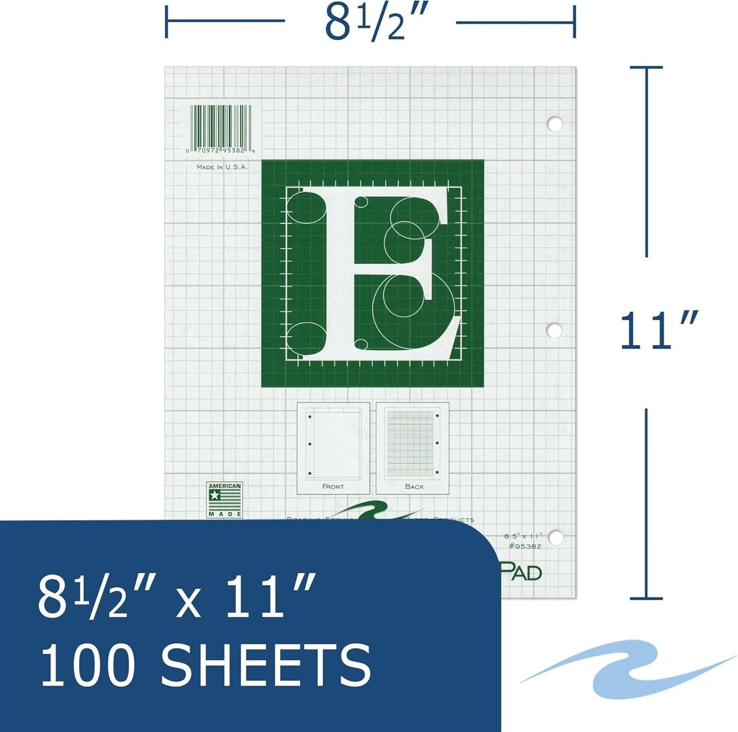 ROARING SPRING Engineering Pad, 3-Pack, 8.5" x 11", 100 Sheets 15# Green Paper, 5x5 Printed Back Enclosed Grid, Top Glued, 3-Hole Punched, Proudly Made in USA, Heavy Backing Board