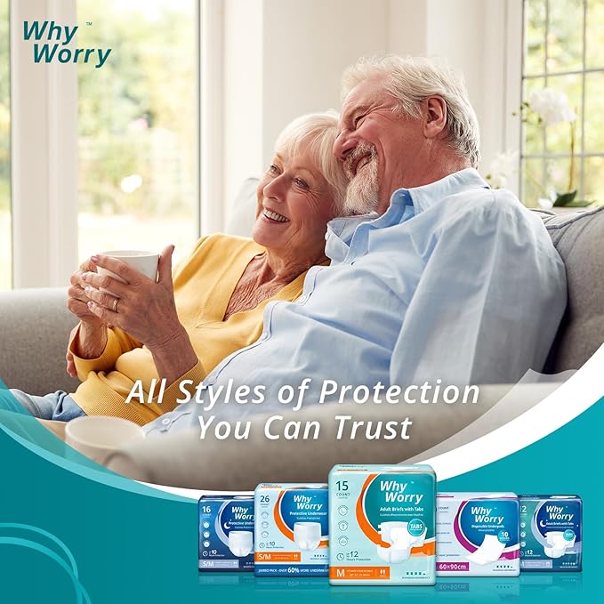 WhyWorry Adult Diapers with Tabs, Disposable Incontinence Briefs for Women & Men with Maximum Absorbency, Adult Briefs for Incontinence Overnight, Odor Control, Unisex, Large, 60 Count (4 Packs of 15)