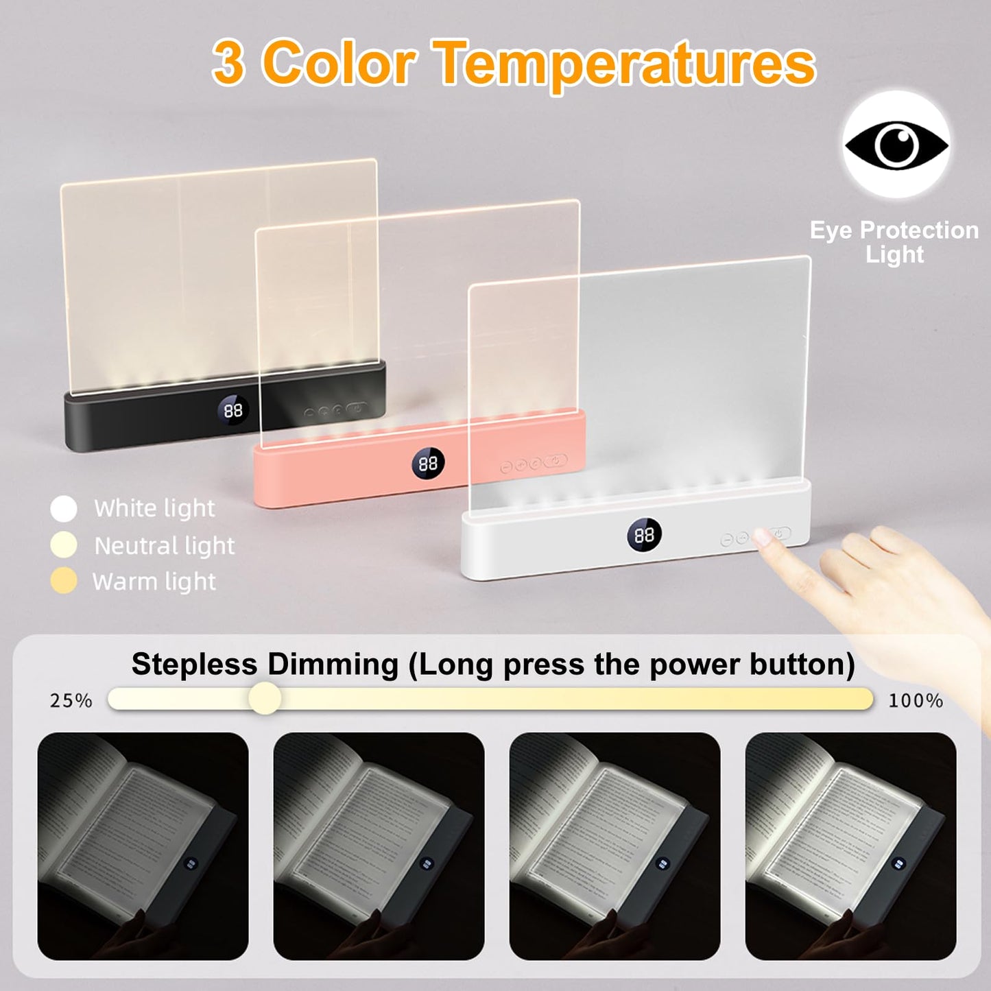 Book Light, Rechargeable Reading Lights for Books in Bed - Eye Caring 3 Color Temperatures, Stepless Dimming Brightness, Timer, Long Lasting, Portable Flat Book Light for Book Lovers (Black)