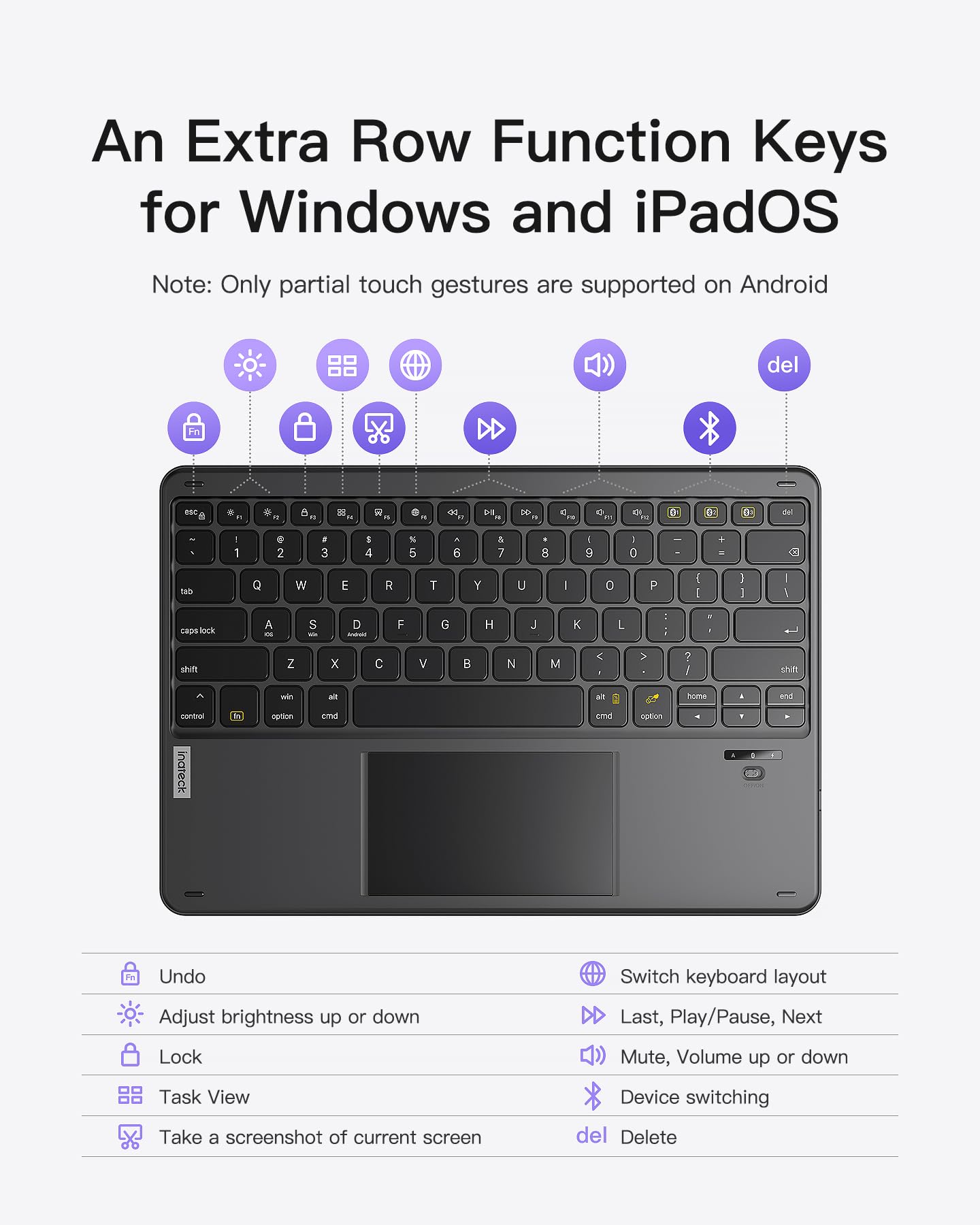 Inateck Bluetooth Keyboard With Touchpad, Ultra-Light&Silm Tablet Keyboard Wireless, Compatible With Windows, Ipados, Android, A