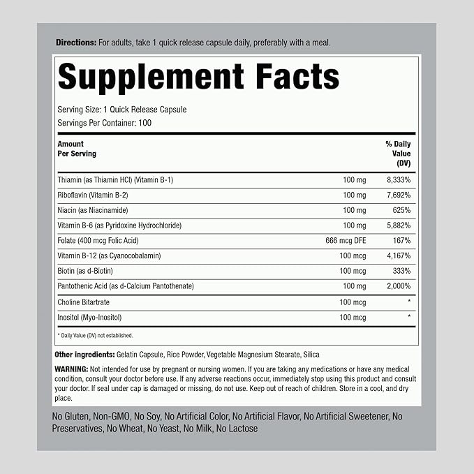 Piping Rock Vitamin B-100 Complex | 100 Capsules | Vitamins B12, B1, B2, B6 | Non-GMO, Gluten Free Supplement