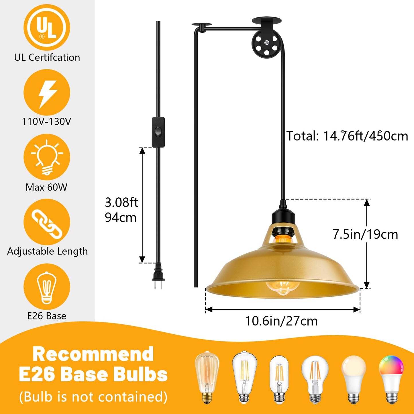 Lomoky Gold Pendant Light, Mid Century Plug-in Ceiling Lamp, 14.76ft Cord, Adjustable Pulley, 2 Pack